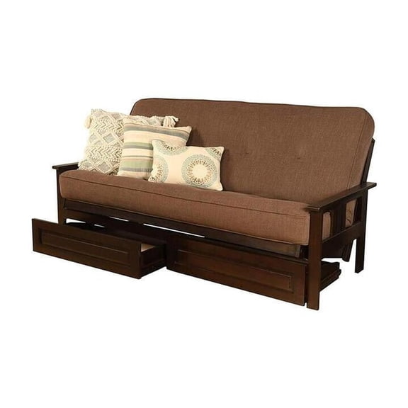 French Country Full Futon Frame Set with Mattress and Storage Drawers, Classic Foldable Hardwood Frame, Easily Converts To Bed