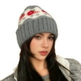 thumbnail image 2 of Women's Fair Isle Pom-Pom Knit Hat, Slouchy Winter Beanie with Ear Flaps, Warm Fairisle Patterned Hat, Cold Weather Slouch Cap, Slimming Face Wool Hat, Unisex Design - Dark Gray, 2 of 4