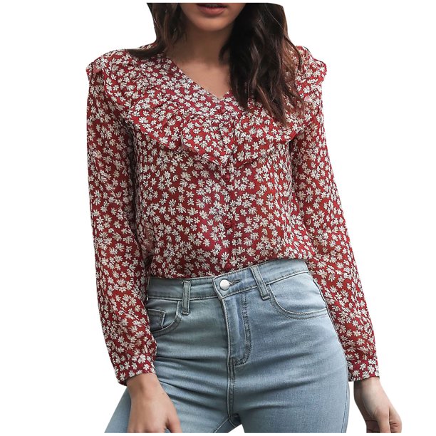 Blusa de manga larga con cuello en V floral pequeño con volantes sueltos para mujer Pompotops FGAJ14508