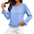 thumbnail image 7 of Women's Solid Color Crew Neck Loose Casual Tops Long Sleeve Smocked Cuffed Ruffle Collar Blouses, 7 of 7