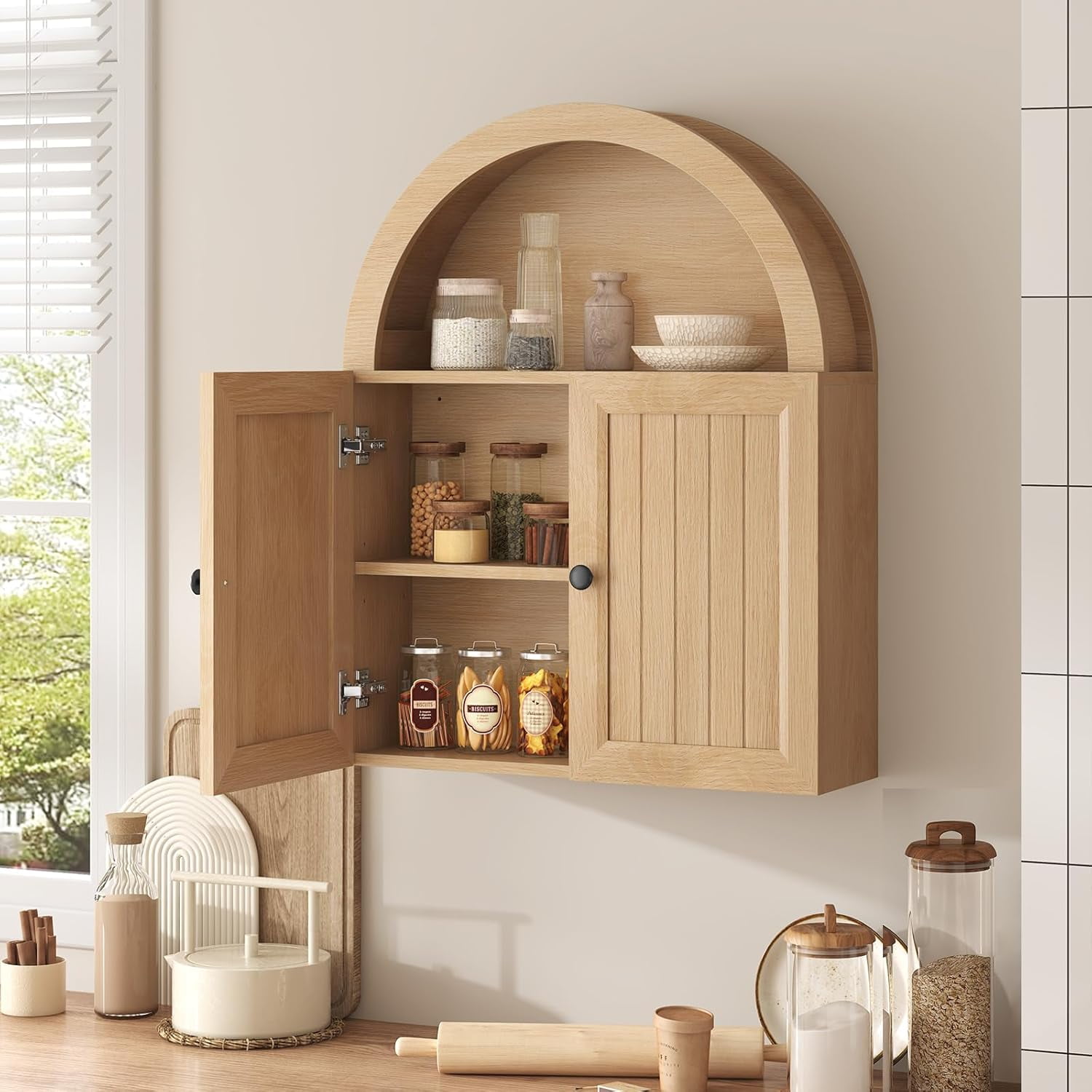 Arched Bathroom Wall Cabinet In Oak Finish 30 Inch Over The Toilet Storage