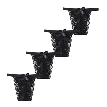 YWDJ Womens Cheeky Panties No Show 4 Pack Lace Lightweight G String No Show Sexy 4PC Lace Flowers Low Waist Underwear Panties G-string Lingerie Thongs Black 2XL