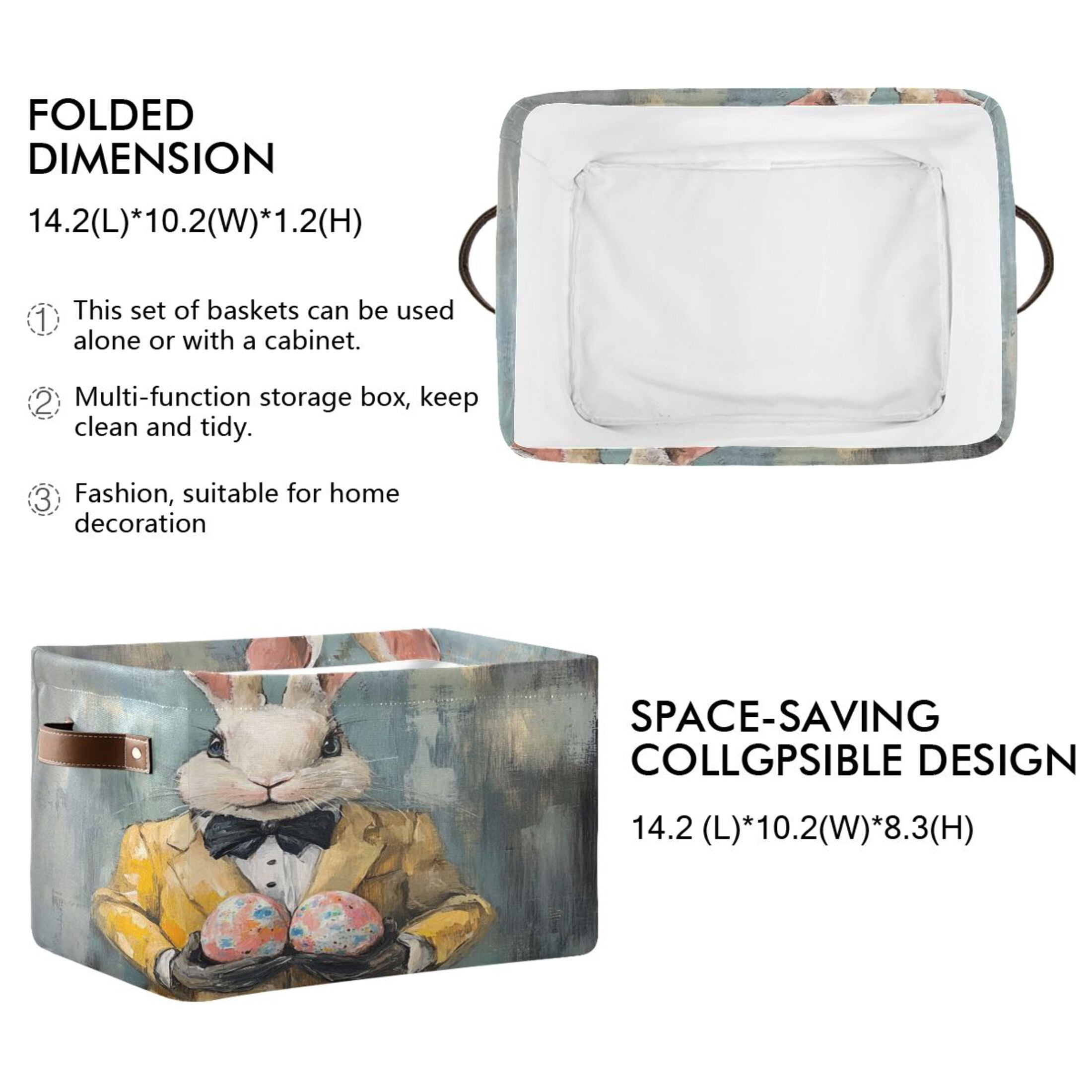 Square Storage Basket 14.2*10.2*8.3 Inch One Sizex2 Shelf Basket Open Home Storage Bins Bedroom Storage Basket Closet Storage Stylish Decor Easter Suit Rabbit