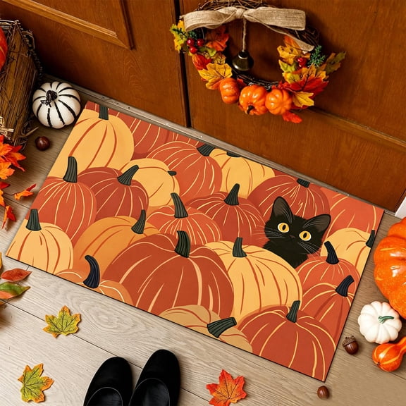 Bleum Cade Black Cat Pumpkin Fall Doormat, Low Profile Non Slip Door Mat for Indoor Outdoor, Autumn Thanksgiving Welcome Mats for Front Door Home Decor,18"x30"