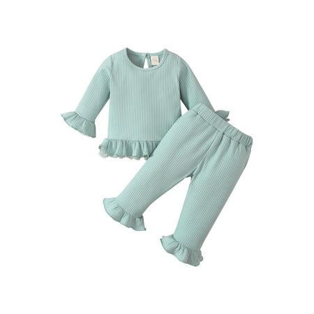 

Peyakidsaa Infant Girls Solid Color Long Sleeve Knitted Ribbed Lace Ruffles Hem Tops + Elastic Waist Pants 2 Pieces Outfit Skin Friendly