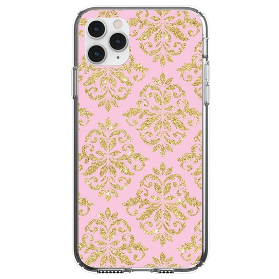 DistinctInk Clear Shockproof Hybrid Case for iPhone 11 Pro (5.8" Screen) - TPU Bumper, Acrylic Back, Tempered Glass Screen Protector - Pink & Gold Print - Damask Pattern