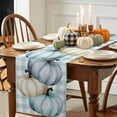 thumbnail image 4 of Fall Table Runner Thanksgiving Teal Blue White Pumpkin Table Runners Buffalo Plaid Cotton Linen Dresser Scarf Kitchen Dining Table Decor for Fall Holiday Party Decor 13x36 Inch, 4 of 9