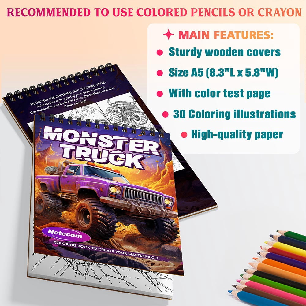 Netecom Monster Truck Coloring Book Spiral Bound For Adults, A5 Wooden Cover, 30 Captivating Coloring Pages of Powerful Monster Trucks for Stress Relief and Relaxation