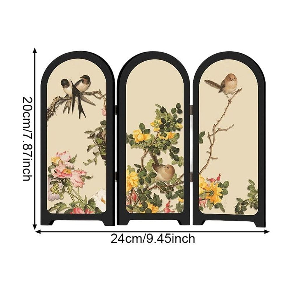 Jiibva Mini Folding Screen, 3 Panel Divider, Chinese Style Vintage Desktop Folding Screen Feng Shui Ornaments for Home Office New Year Decoration