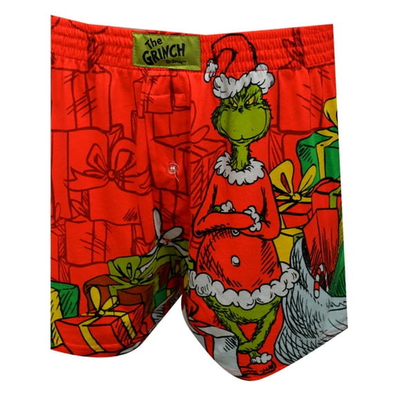 MJC Mens The Grinch Here For The Presents Christmas Boxer Shorts (Large)