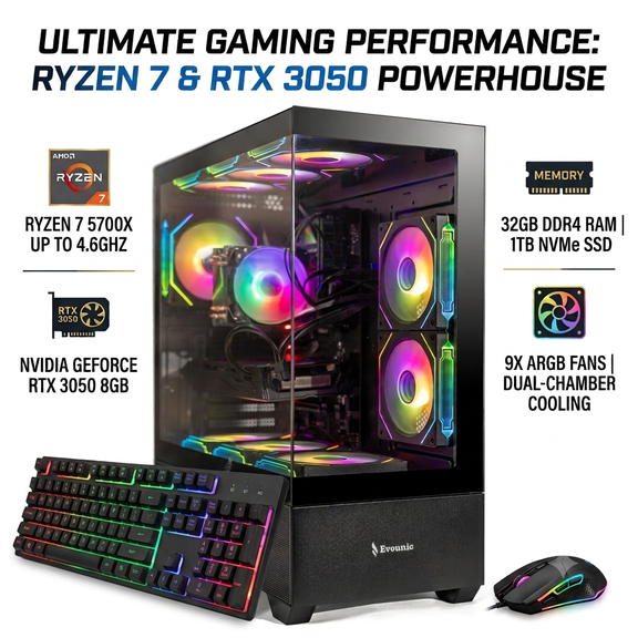 Gaming PC Desktop Computer – Ryzen 7 5700X up to 4.6GHz, NVIDIA GeForce RTX 3050, 32GB DDR4 RAM, 1TB NVMe SSD, Wi-Fi 6 & Bluetooth 5.4, 9× ARGB Fans, 650W PSU, Windows 11 Pro, RGB Keyboard & Mouse