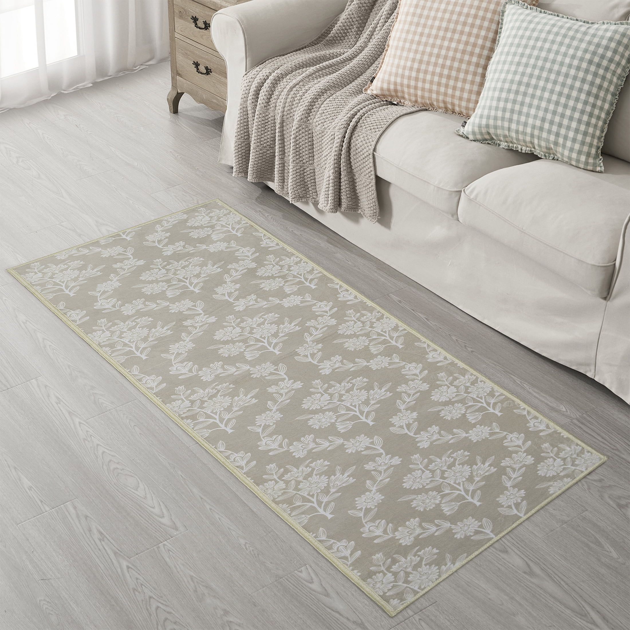 My Texas House Taupe Flower Damask Machine Washable Indoor Rug Runner, 2' x 7'