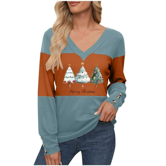 GaThRRgYP Women's Festive Autumn Winter Long Sleeve Print V Neck Top,Women's Color Blocked Printed V-neck Regular Sleeve Long Sleeved Decorative Casual Pullover Winter T-shirt Top Light Blue S