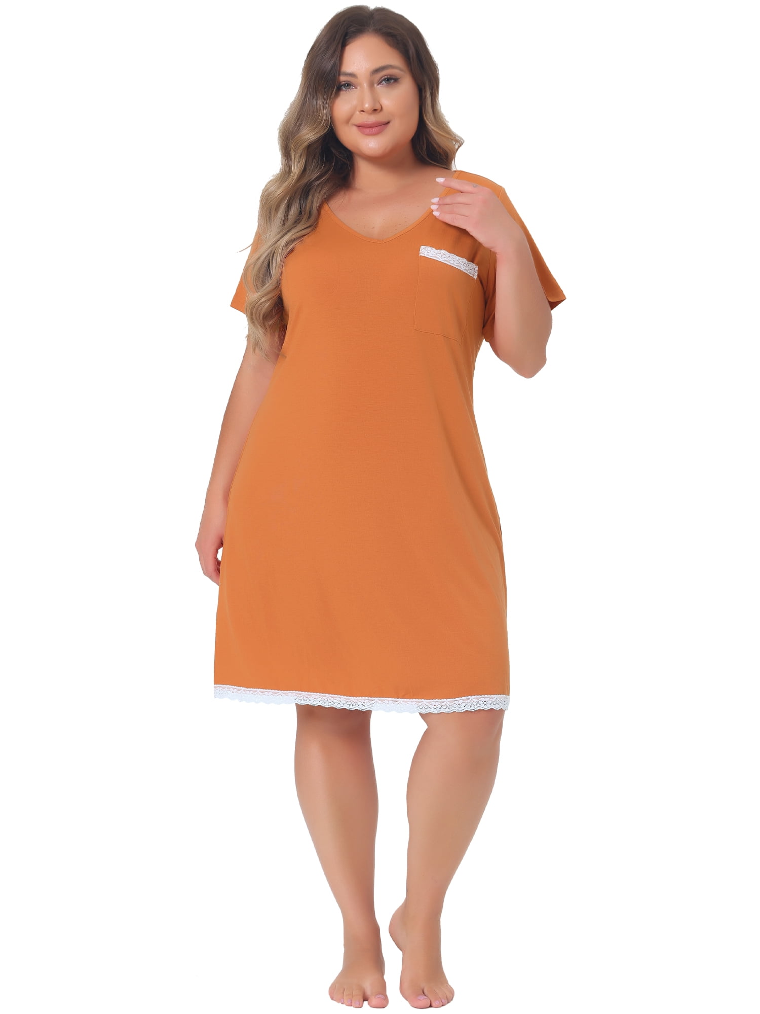 DARING DIVA Women's Plus Size Soft Short Sleeve Lace Trim Nightgown 4X Orange