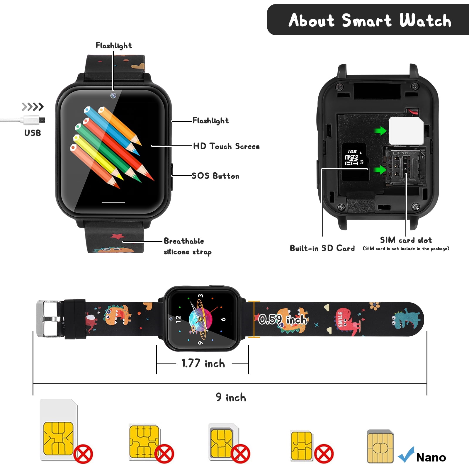 Smart Watch for Kids, Boys Girls Smartwatch with 10 Puzzle Games, Music Player, Pedometer, SOS Call, Camera, Alarm, Recorder, Calculator, Children Wristwatch for Birthday Gift (Black)