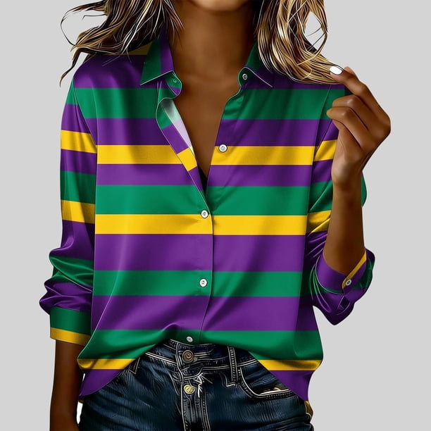 TaTaai Ladies Carnival Print Polyester Shirt Long Sleeve Round Neck Casual Lightweight Blouse Asian Size Small Fit Gift
