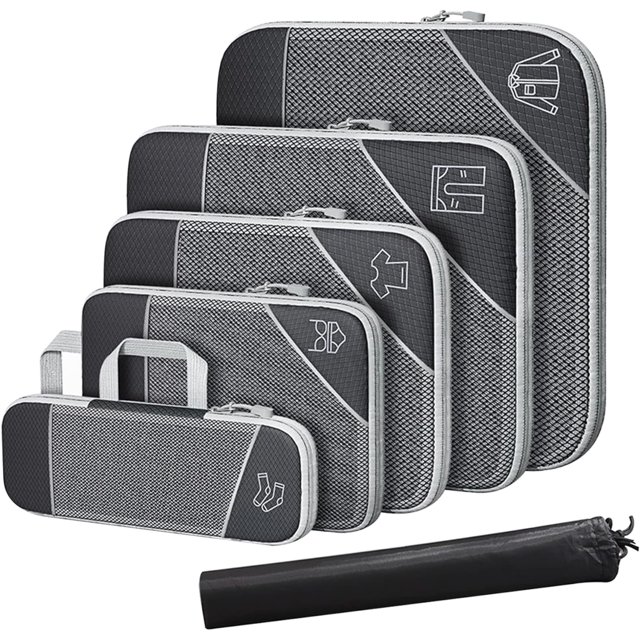 SURJDE Cubes de Compression, 6 Pcs/ensemble Cubes de Voyage, Cube de Compression en Maille Étanche, Poignée en Nylon avec Fermeture Éclair Accessoires de Voyage pour Emballage (Noir)