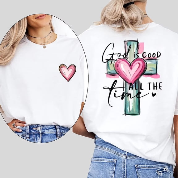 "God is Good All The Time" Print T Shirts Cross & Faith Christian Graphic Tees Short Sleeve Casual Pattern Classic Tops trendy and popular round-neck design is retro White,S