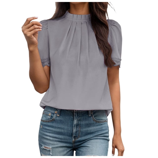 Camiseta holgada de manga corta lisa para mujer: gasa con pompones, cuello redondo, abertura en la espalda, tallas S-XL, ideal para combinar con vaqueros o leggings.