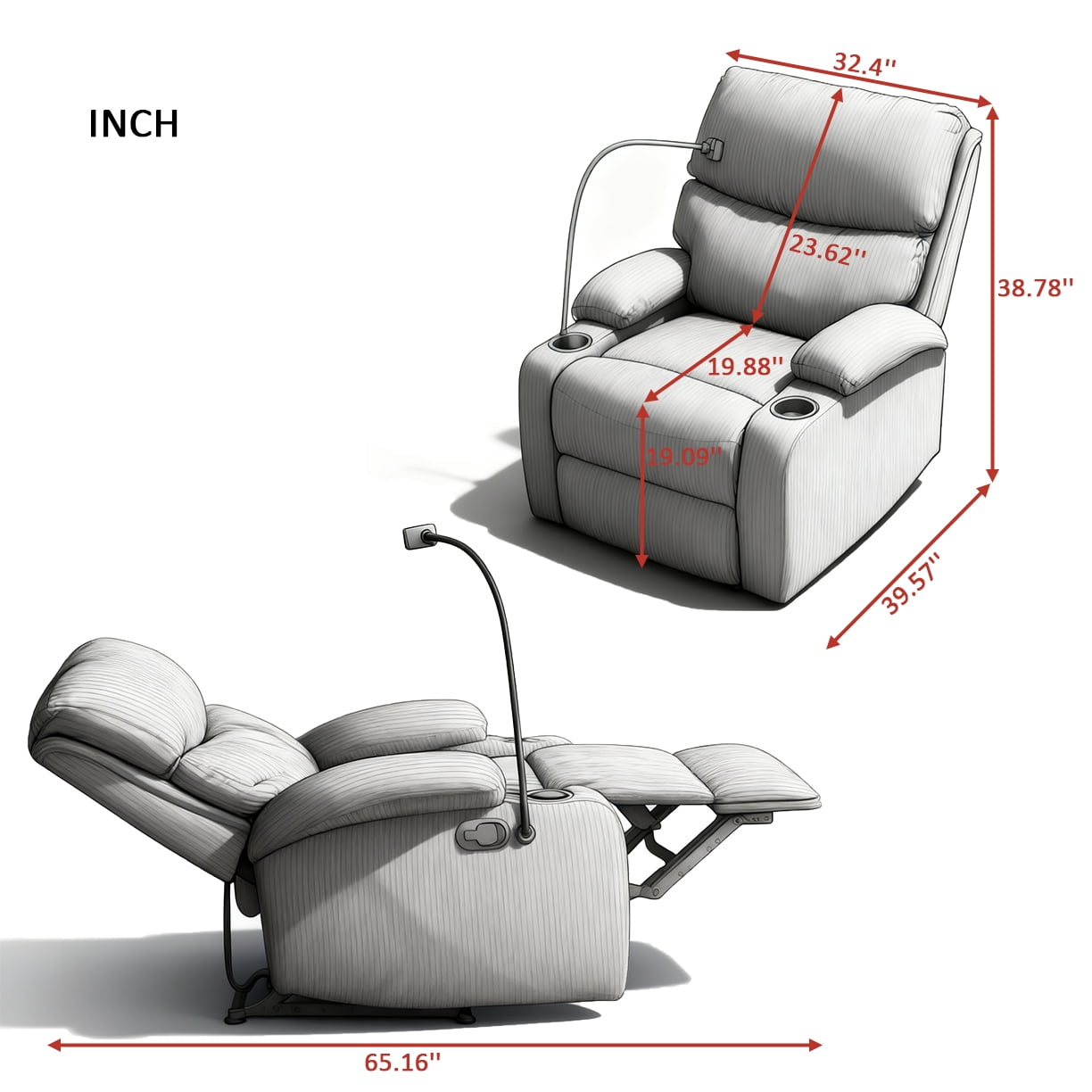 BSHTI Manual Recliner Chair with Phone Holder & Cup Holders, Corduroy Upholstery, Ergonomic Backrest, Solid Wood Frame for Living Room & Bedroom(Dark Gray)