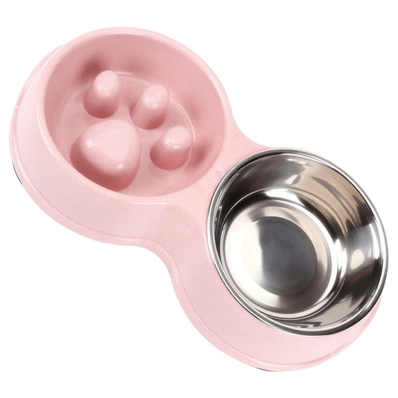 Double Pet Food Water Bowl, 12.6 x 5.3 x 2 in Pink Macaron Slow Feeder Dog Bowl with Stainless Steel, Anti-Choke Puppy Slow Feeder, Shallow Mouth Design for Cats & Dogs