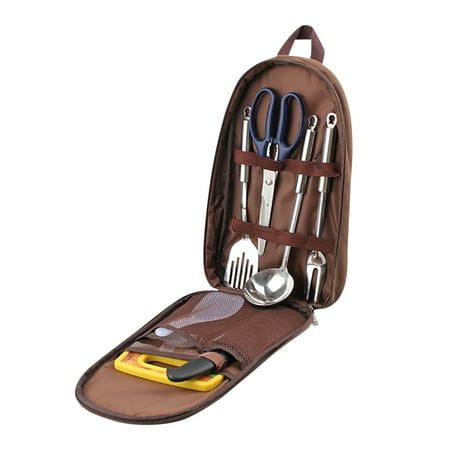 Dengmore 7pcs Outdoor Camping Cookware Set with Kitchenware Storage Bag for Self Driving Travel Picnic Cutting Board Knife Combination Kitchenware Set