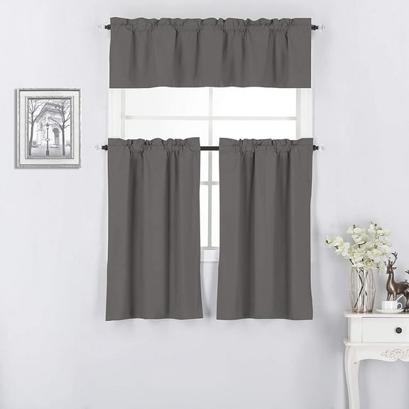 3 Piece 100% Blackout Insulated Kitchen Décor Window Treatment Curtain Panel Tiers and Valance Set - 36 inch Long Tiers and 14" inch Long Valance, Dark Grey