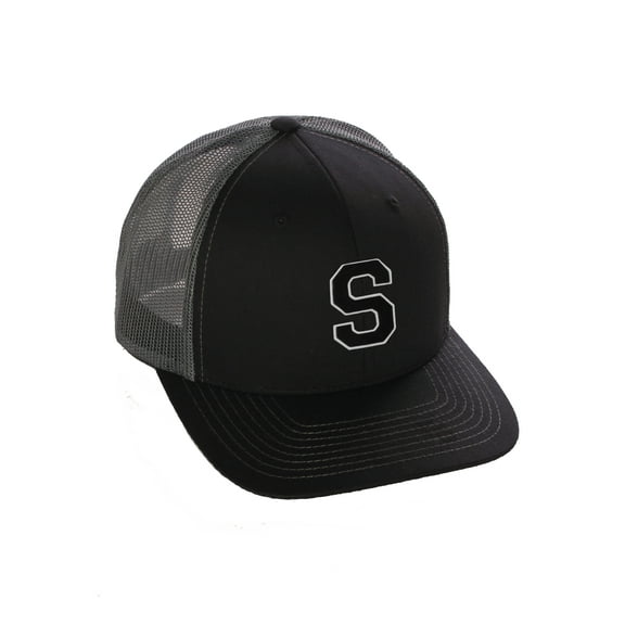 Structured Trucker Mesh Hat Custom Colors Letter S Initial Baseball Mid Profile (Black Charcoal White Black)