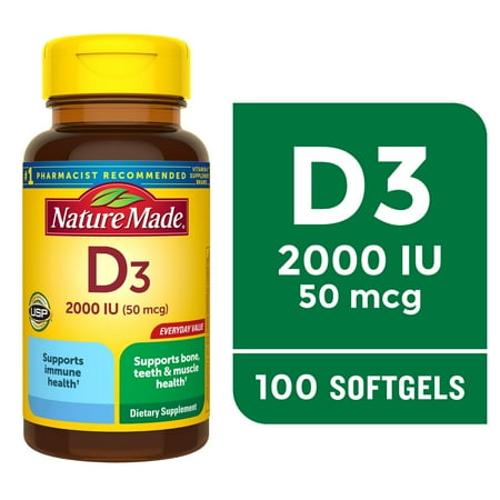 Nature Made Vitamin D3 2000 IU (50 mcg) Softgels, Dietary Supplement for Bone and Immune Health Support, 100 Count