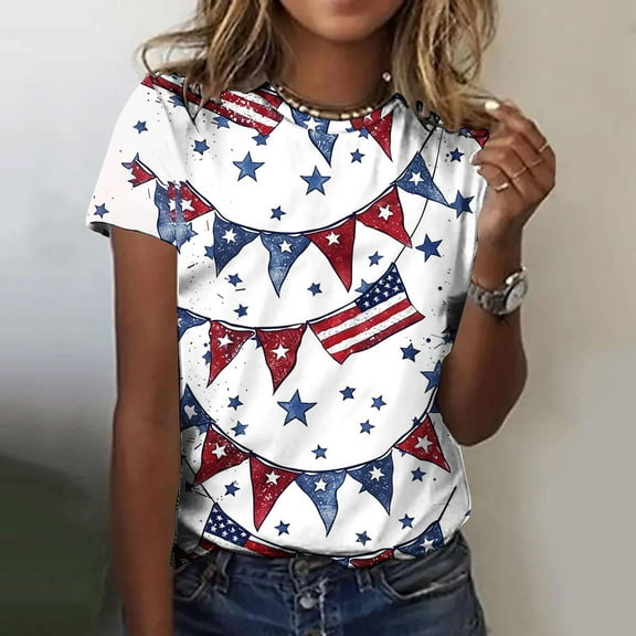 Cavosen Red White and Blue Clothes for Women Petite Red White and Blue Short Sleeve Crew Neck Shirts American Flag Graphic Tops Lady XL Patriotic Casual T Shirts Independence Day Tunic Tees