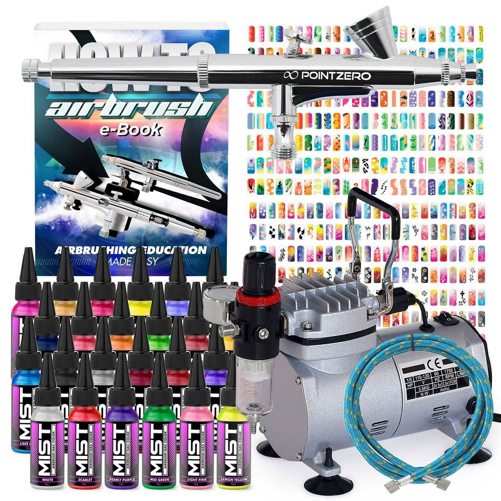PointZero Complete Airbrush Nail Art Kit 24 Color 480 Stencil Set