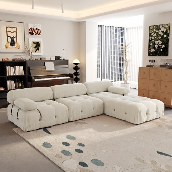 Magic Home 103.95" Modular Sectional Sofa with Movable Ottomans, Modern Flannel Fabric Deep Seat L-Shaped Cloud Couches Beige Couch for Living Room, Apartment, Office, 4-Seat, Beige