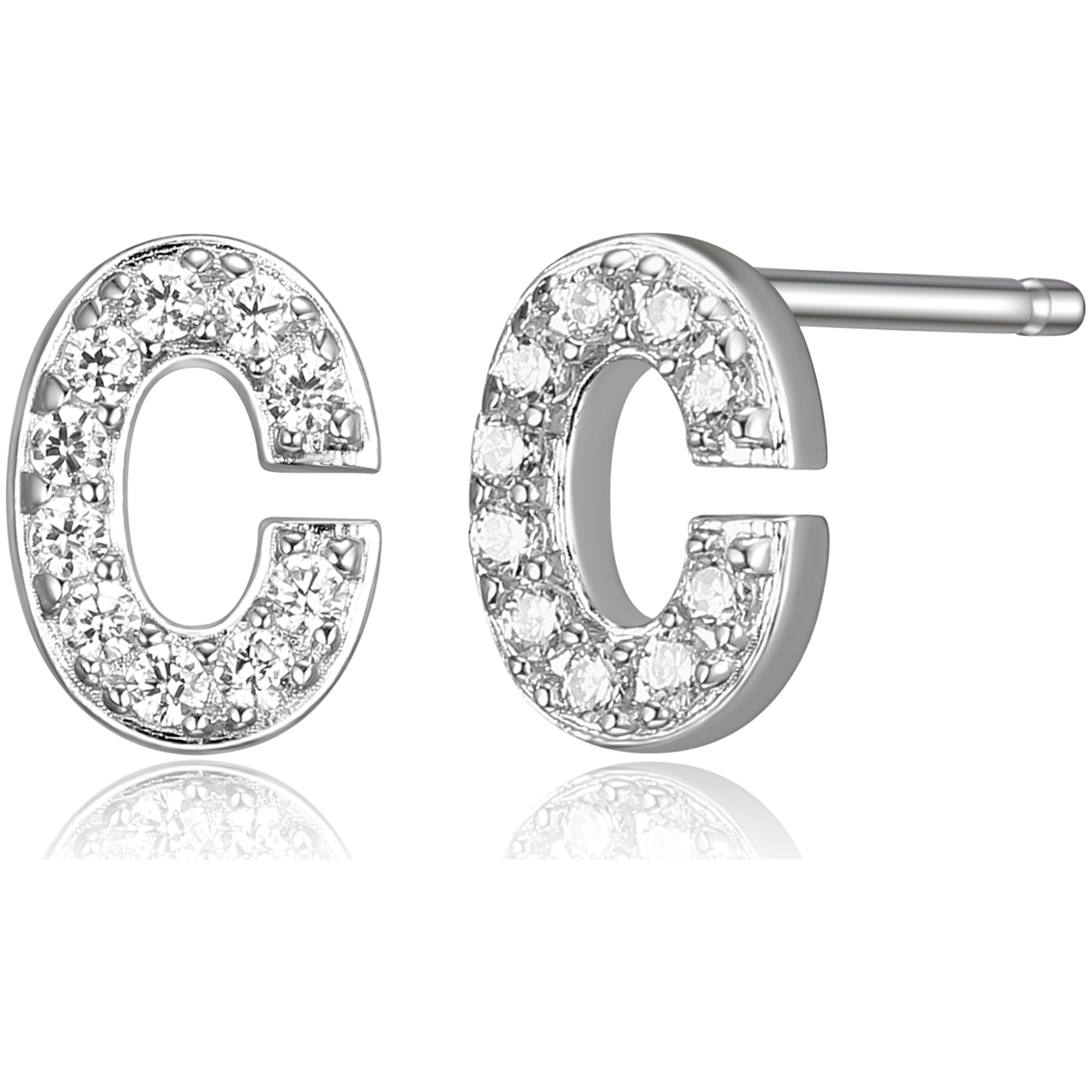 Forever Facets Initial Letter "C" CZ Stud Earrings in Sterling Silver, For Women