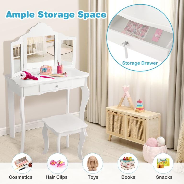 Girls White Dressing Table & Stool Mirror & Drawers