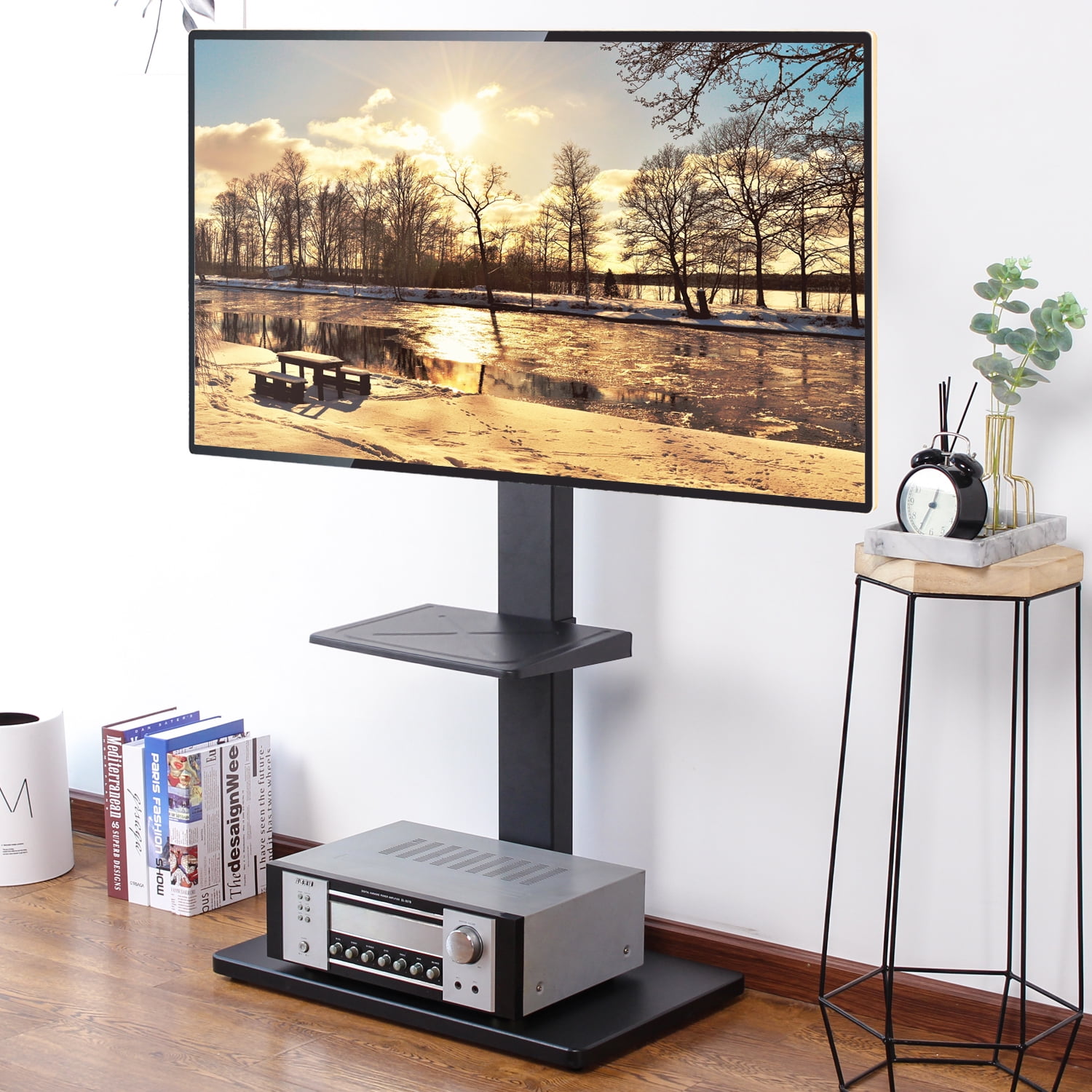Rfiver 2 Shelf Tv Stand With Mount For Tvs Up To 65 Ideal Flat Screens Black Metal Base Rtf1001