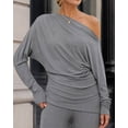 thumbnail image 5 of ChicMe Two Piece Sets for Women Asymmetric Ruched One Shoulder Long Sleeve Pullover Tops with Wide Leg Pant Tracksuit Dark Grey-L, 5 of 9