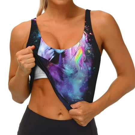 Qokaie Rainbow Spotted White Horse Pattern Womens Scoop Neck Sports Bra Breathable Workout Vest Padded U Back Medium Impact Fitness Gym Yoga Bra Workout Crop Top