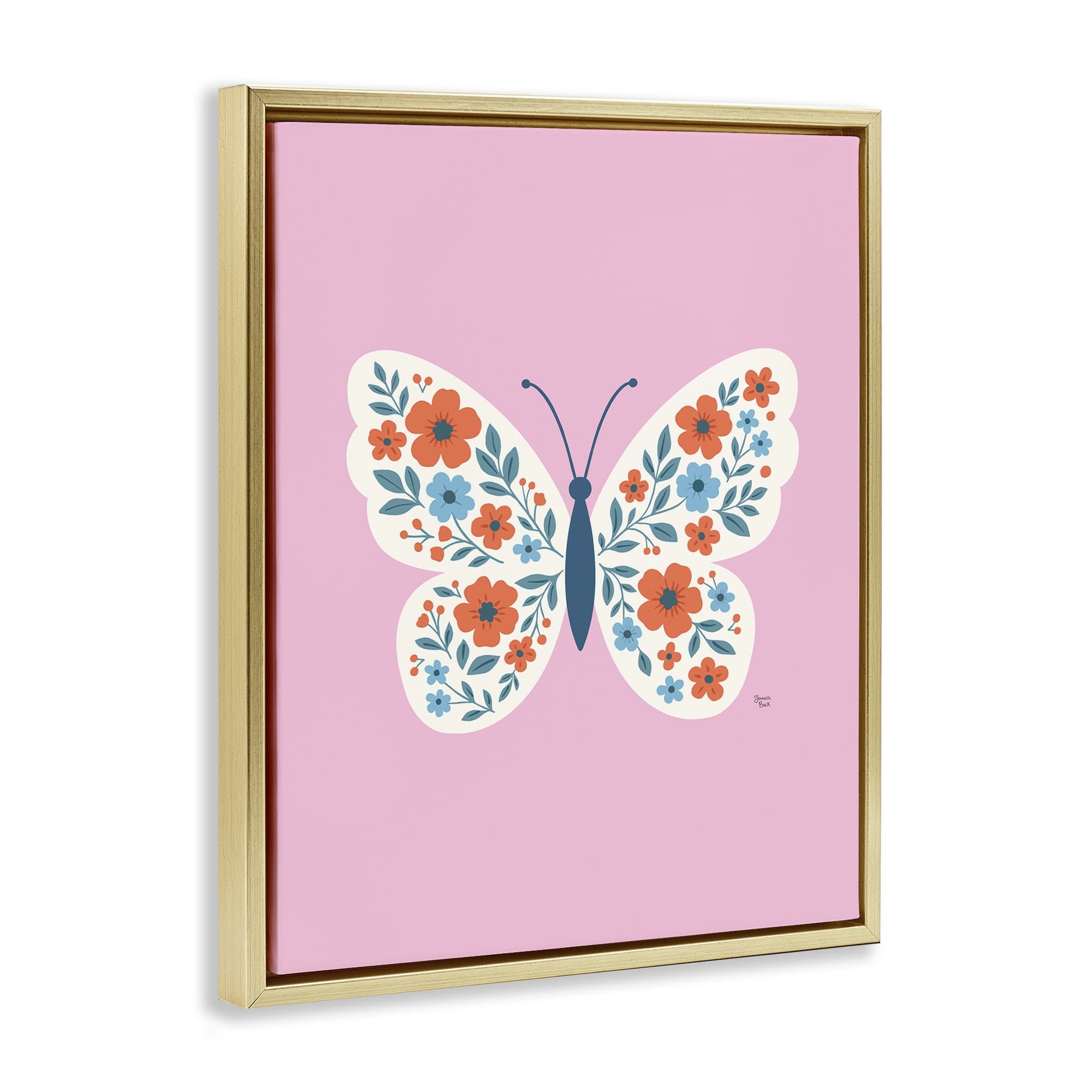 Boho Pink Floral Butterfly Gold Framed Floater Canvas Wall Art, design by Jessica Beck