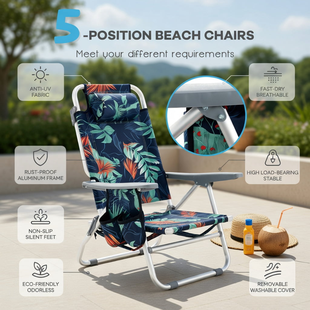 Hommoo 2-Pack Portable 5-Position Reclining Beach Chairs with Folding Side Table, Lightweight Aluminum Camping & Outdoor Chair Set, Green