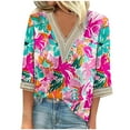 thumbnail image 2 of ZHUGeLI Fashion Women's Summer V-Neck 3/4 Sleeve Lace Print Casual T-shirt Blouse Up to 50% off, 2 of 5