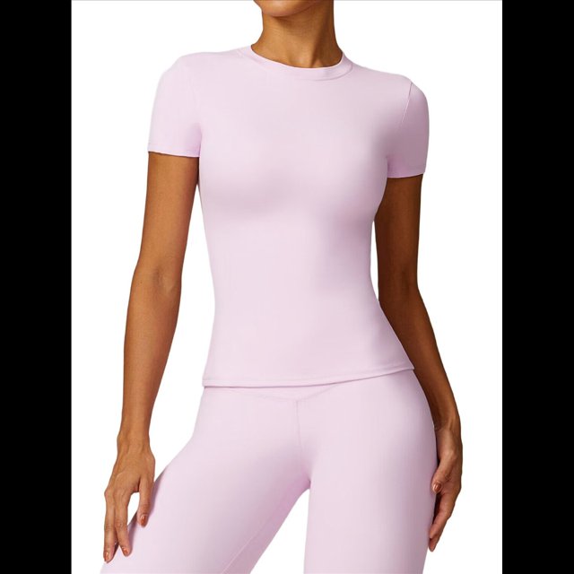 Camiseta Básica de Verano para Mujer, Corta, Cuello Redondo, Corte Ajustado, Top Corto Rosa S