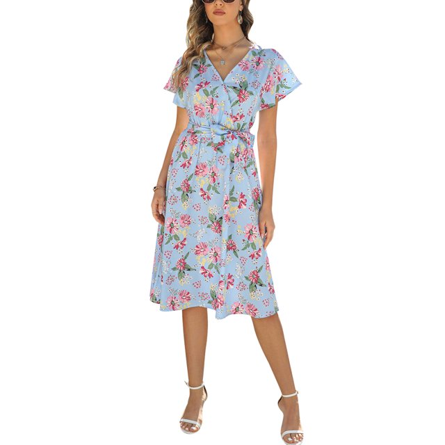 VISgogo Vestido casual de verano para mujer, estampado floral, cuello en V, manga corta, cinturón, una pieza para damas, blanco/rosa/azul claro/negro VISgogo moda