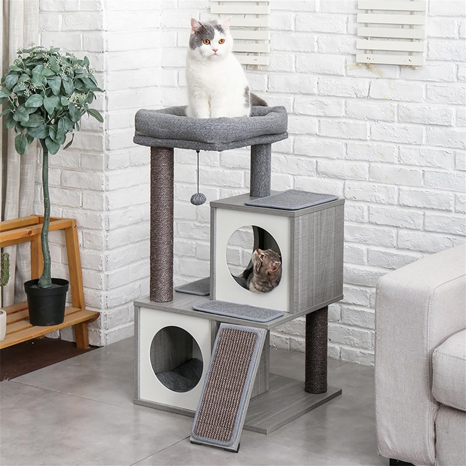 Pefilos 35 Inches Cat Tree Wooden Cat Tower Featuring 2 Super Large Condo, Fully Scratching Posts, and Removable Soft Perches Cat Tree Houses for Indoor Cats and Kittens, Gray Pefilos 35 Inches Cat Tree Wooden Cat Tower Featuring 2 Super Large Condo, Fully Scratching Posts, and Removable Soft Perches Cat Tree Houses for Indoor Cats and Kittens, Gray