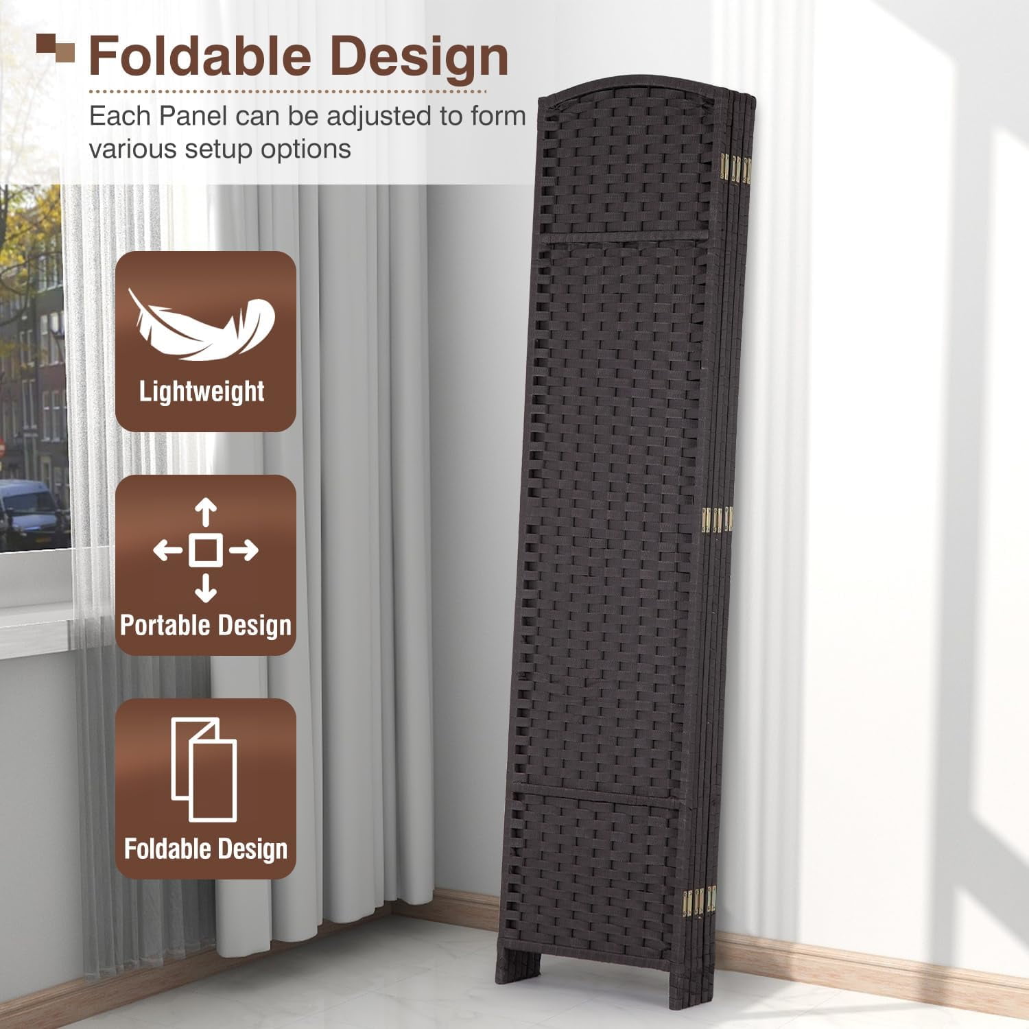 Dkelincs 6 Panel Room Dividers 5.6 FT Tall Portable Privacy Screen Folding Wood Partition Wall Divider for Room Separation, Brown
