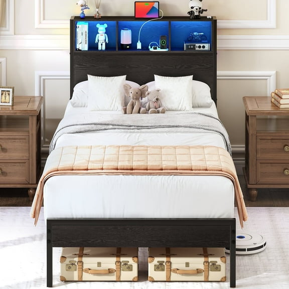 Twin Platform Bed Frame with Headboard, LED Metal Platform Bed Frame with Heavy Duty Metal Slats, No Box Spring Needed