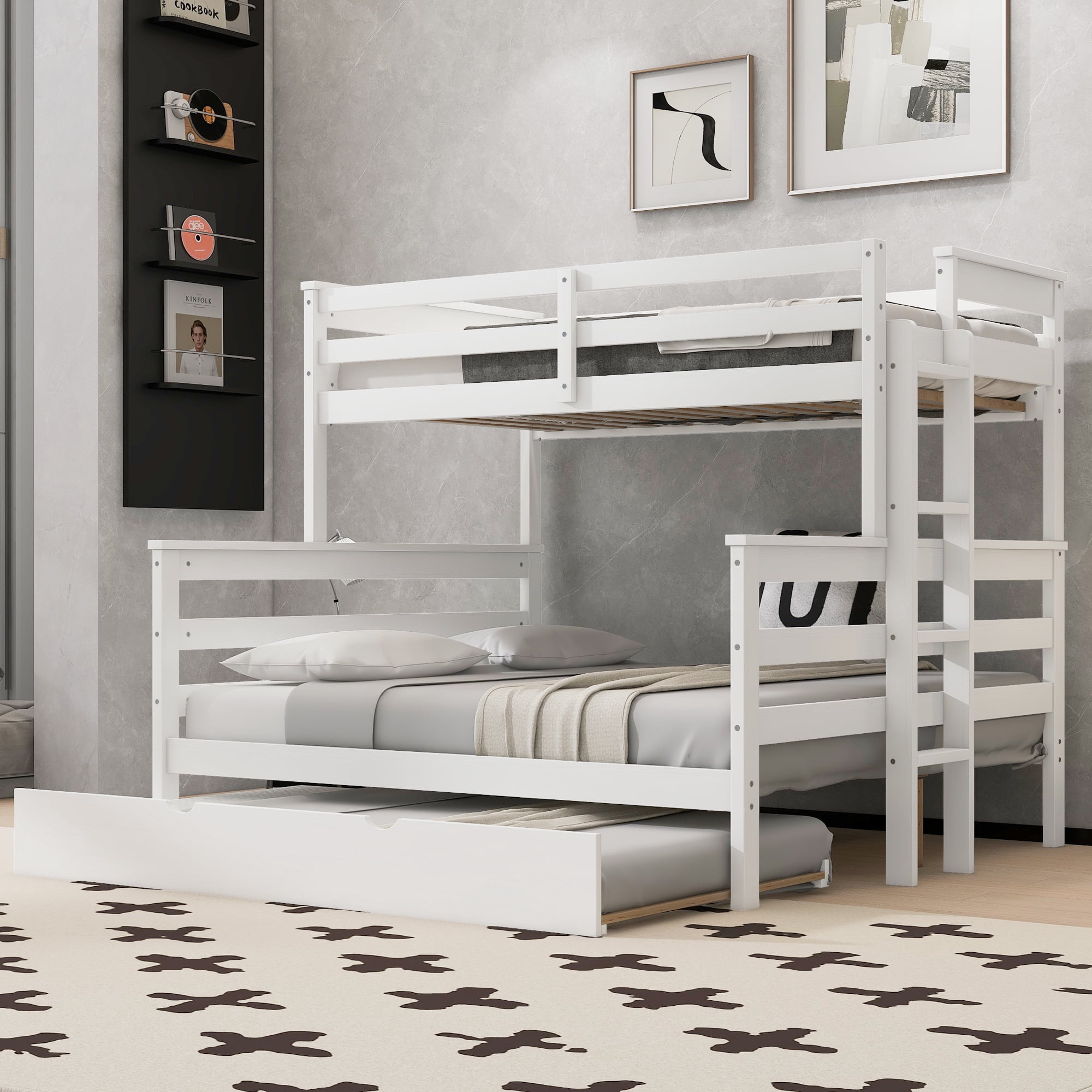 Euroco Wood Twin XL over Queen Bunk Bed with Trundle, 3 Beds in One Design, White