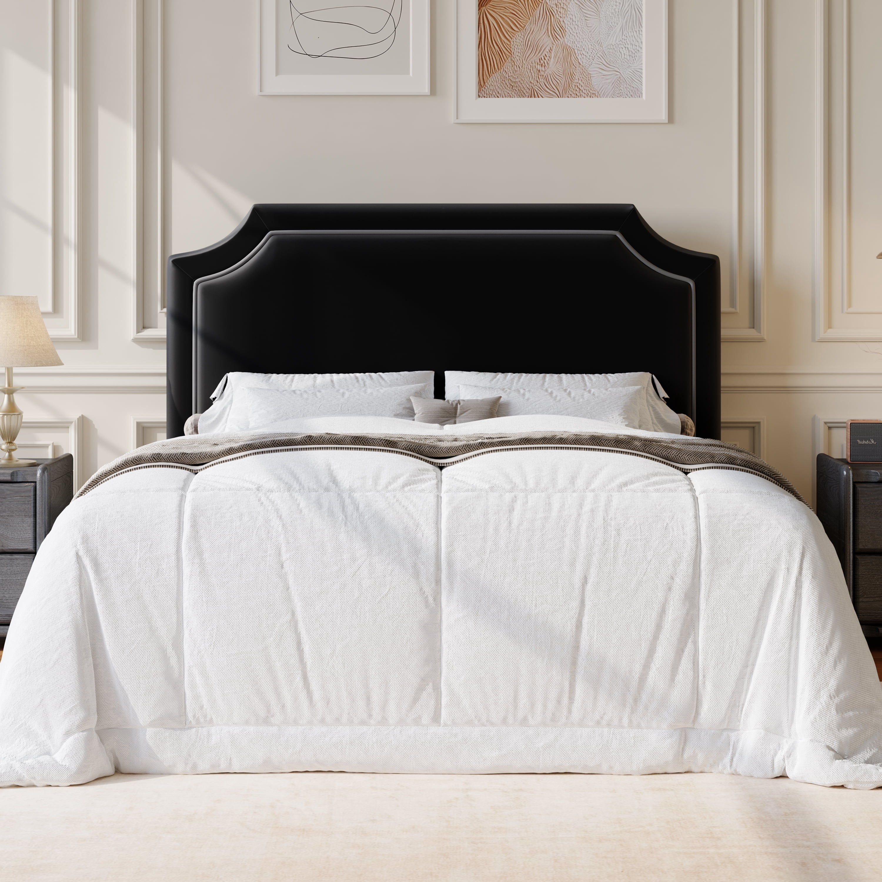 Amolife Queen Bed Frame, Upholstered Platform Bed with Streamlined Adjustable Headboard, No Box Spring Required, Black, Velvet