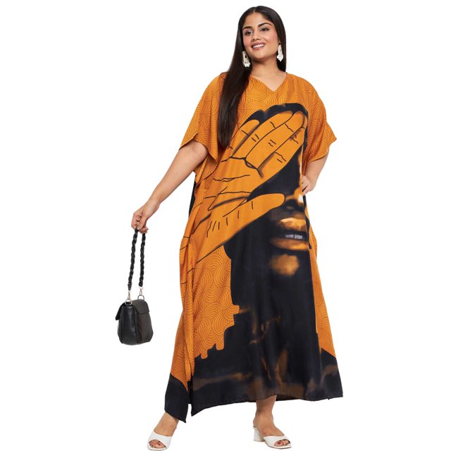 Oussum Moutarde Tribale Grande Taille Polyester Longues Robes Caftans pour Femmes