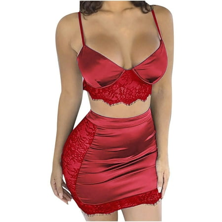 

TFDZ Nightshirts For Women Nightshirts For Women Women Fashion Lace Sling Vest Hollow Mesh See-Through Ladies Nightdress Set Red