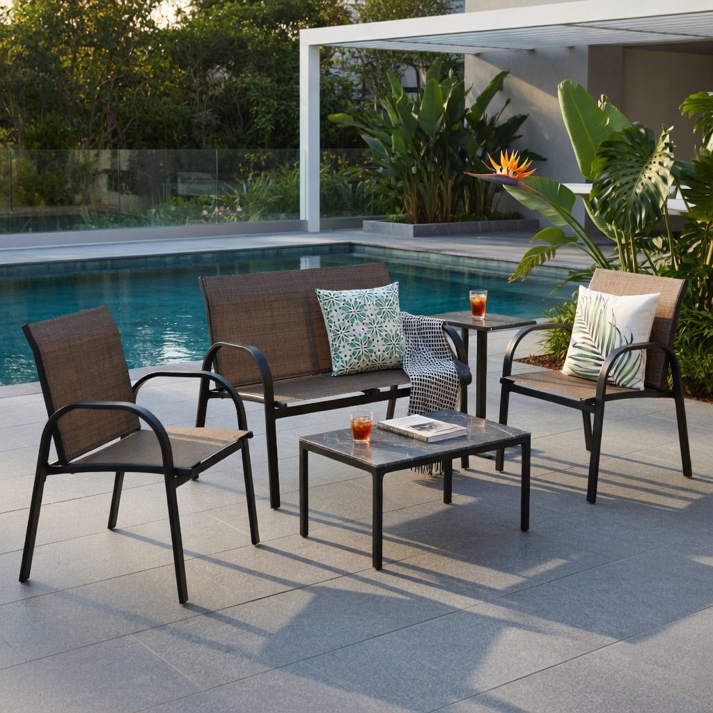 Hommoo 4-Piece Modern Outdoor Patio Furniture Set, Steel Frame Loveseat, 2 Single Sofas & Tempered Glass Top Coffee Table, Brown